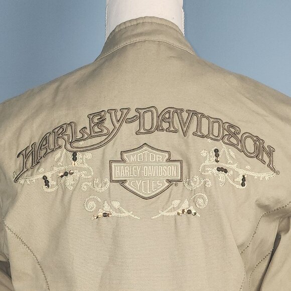 HARLEY DAVIDSON Khaki Full Zip Motorcycle Biker Jacket w/Pockets Sz S - Picture 6 of 7